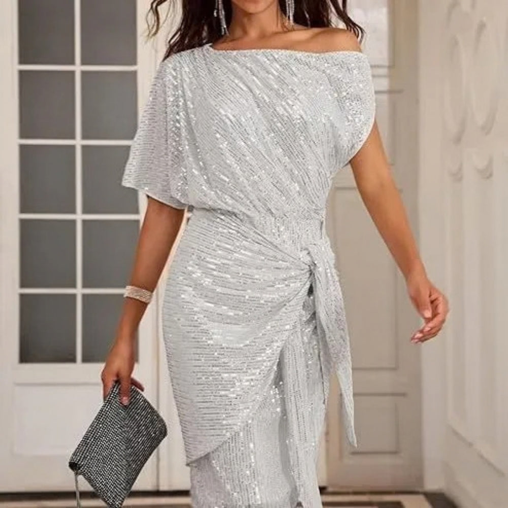 Women’s Christmas Dress Sequin with Tie Waist | Off-Shoulder