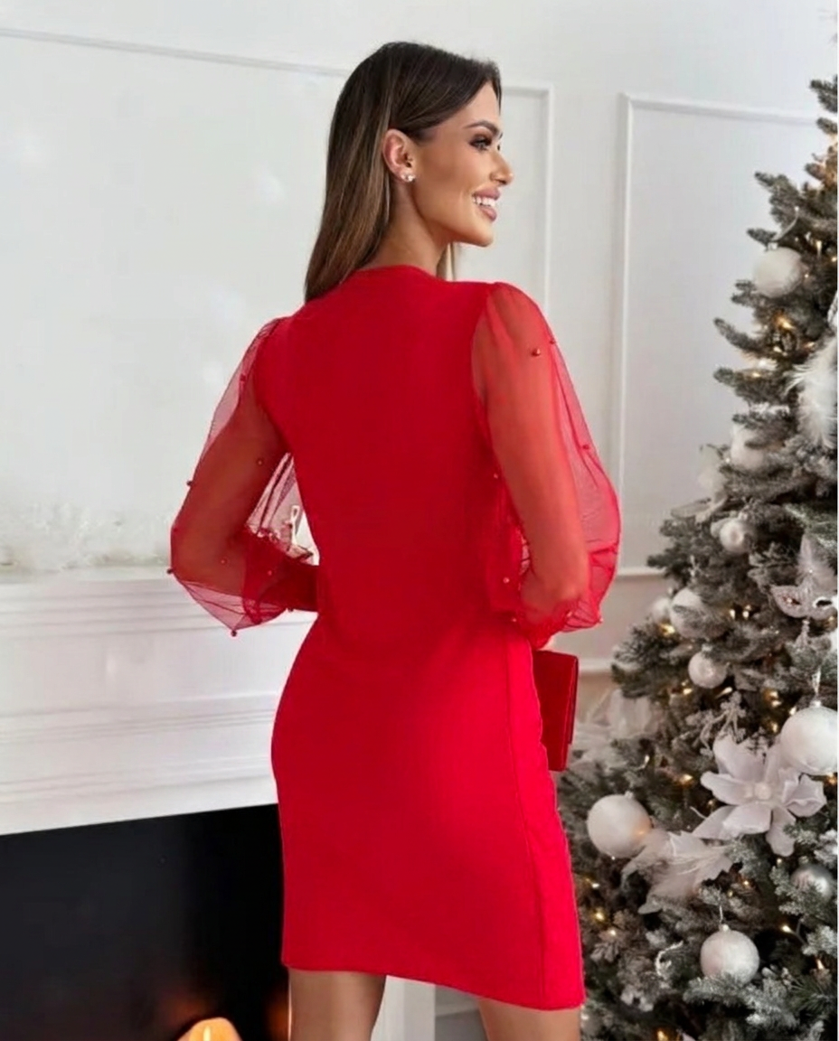 Women’s Christmas Dress with Beaded Sheer Sleeves | V-Neck