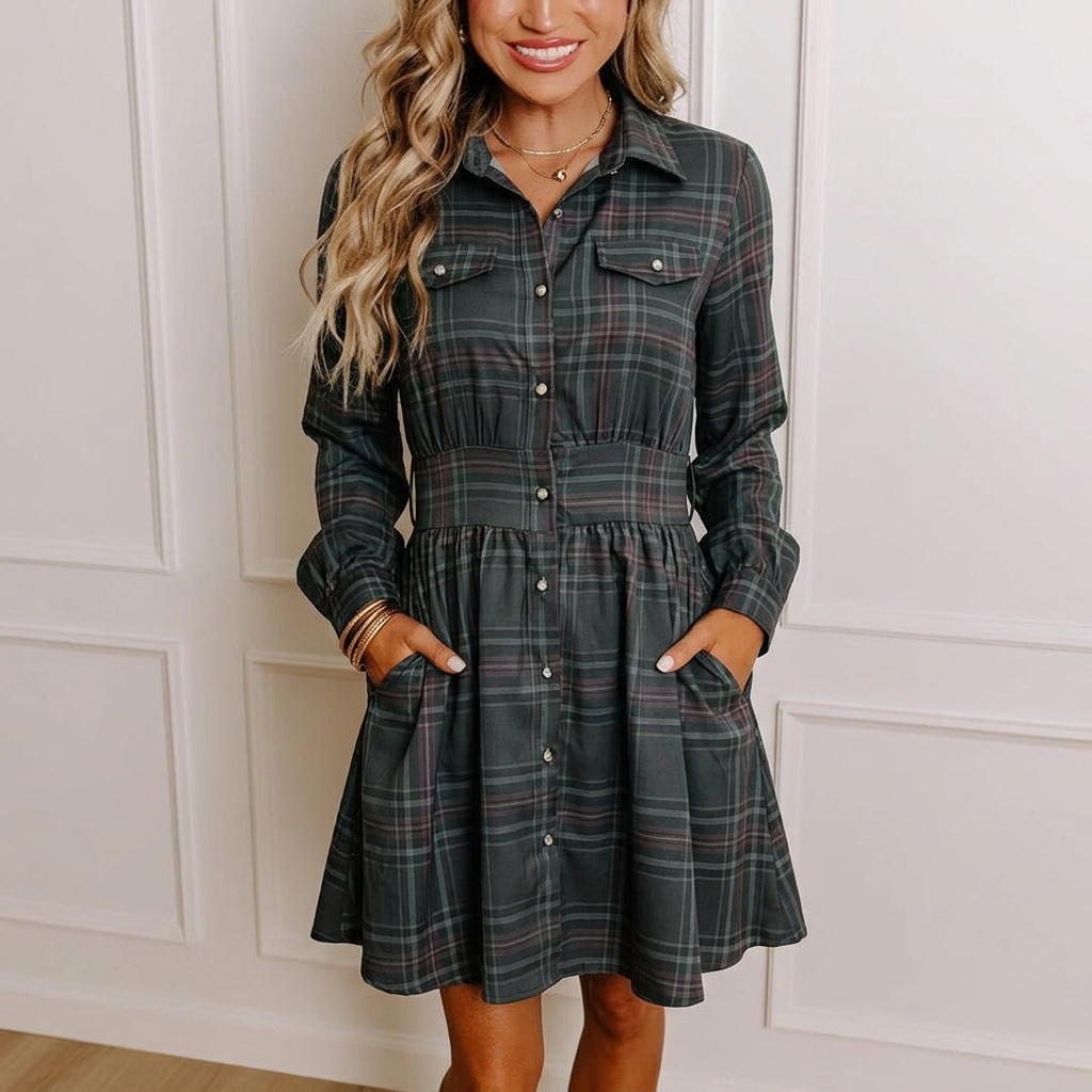 Women’s Christmas Dress with Plaid Print | Long Sleeve