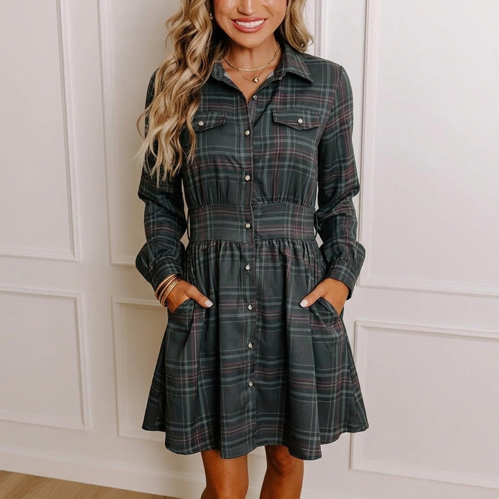 Women’s Christmas Dress with Plaid Print | Long Sleeve