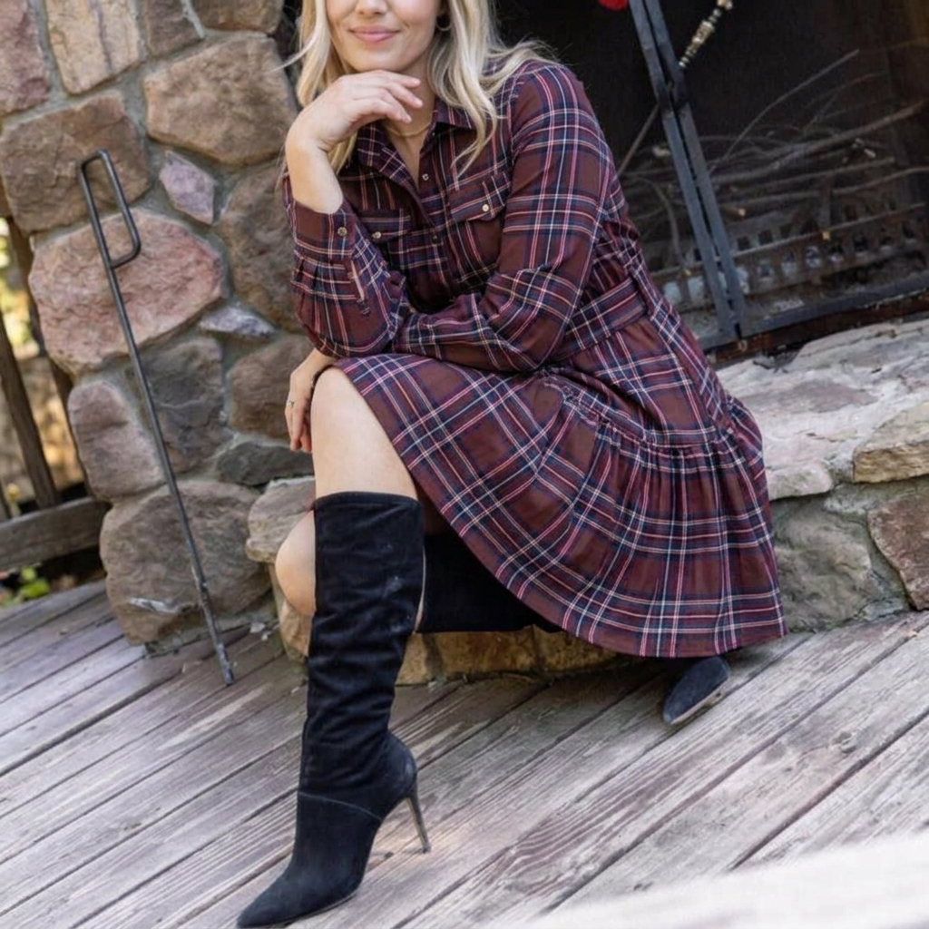 Women’s Christmas Dress with Plaid Print | Long Sleeve