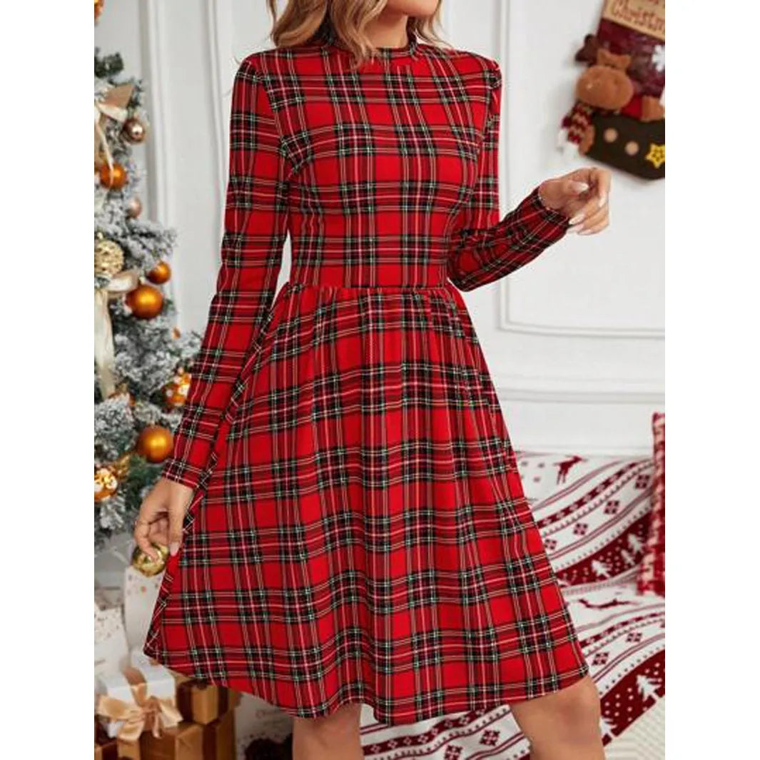 Women’s Christmas Dress with Plaid Print | Mock Neck