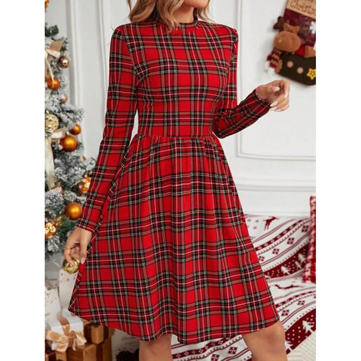 Women’s Christmas Dress with Plaid Print | Mock Neck