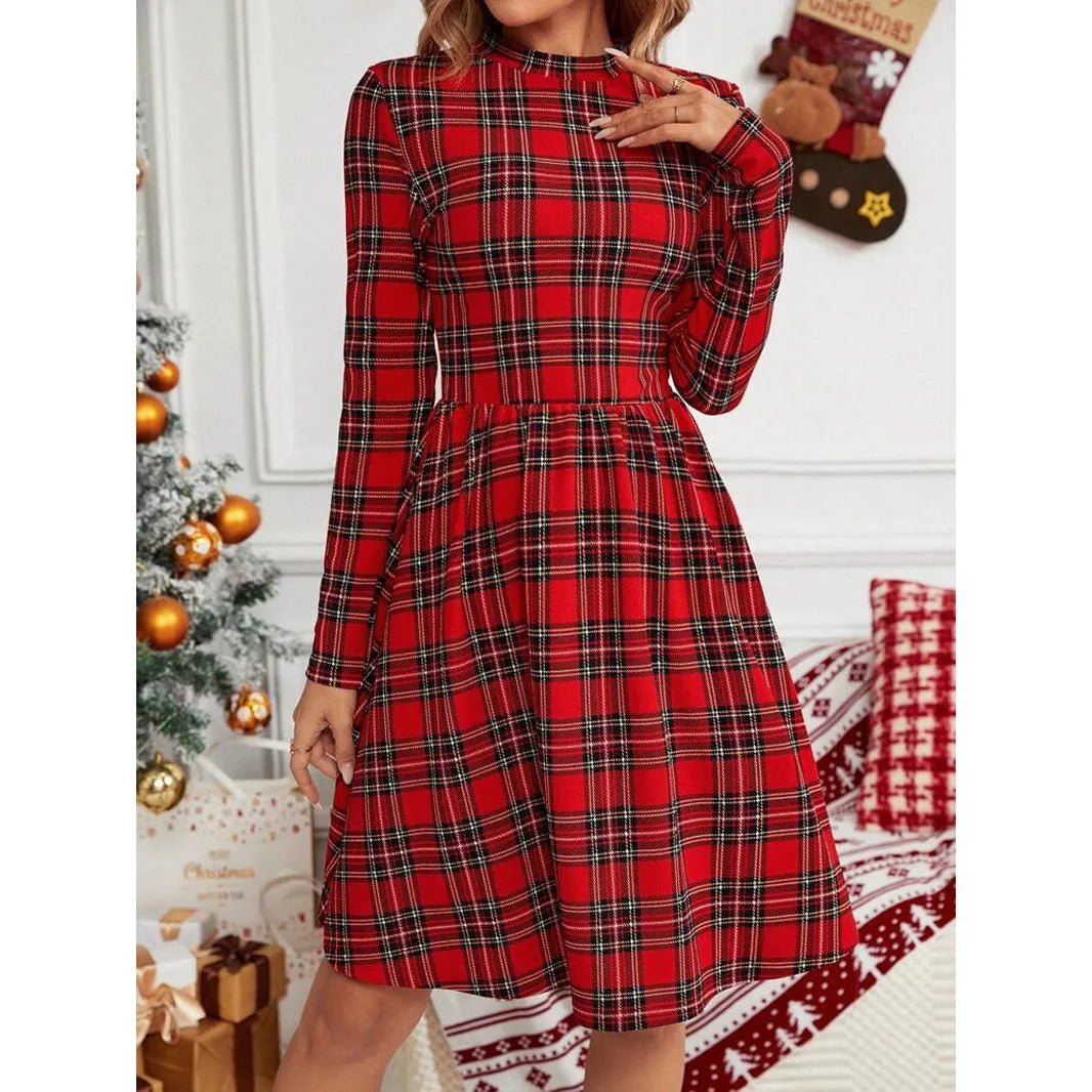Women’s Christmas Dress with Plaid Print | Mock Neck