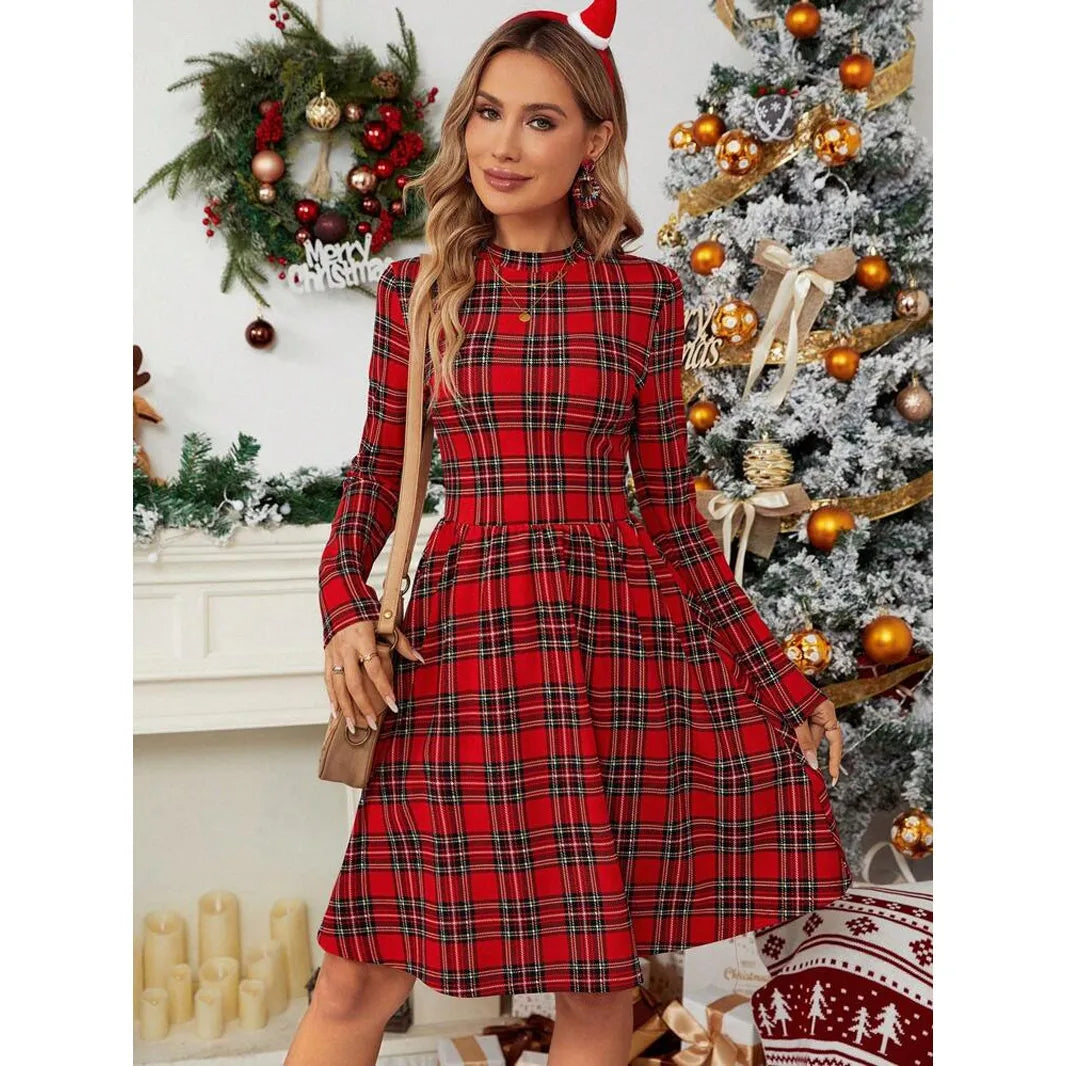 Women’s Christmas Dress with Plaid Print | Mock Neck