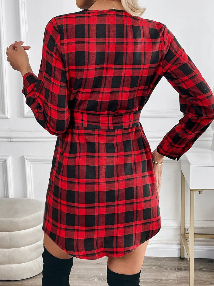 Women’s Christmas Dress with Tie Waist | Plaid V-Neck Mini