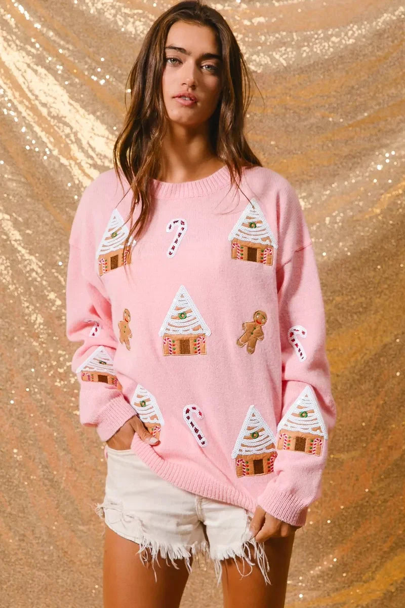 Women's Christmas Jumper with Gingerbread House | Crew Neck