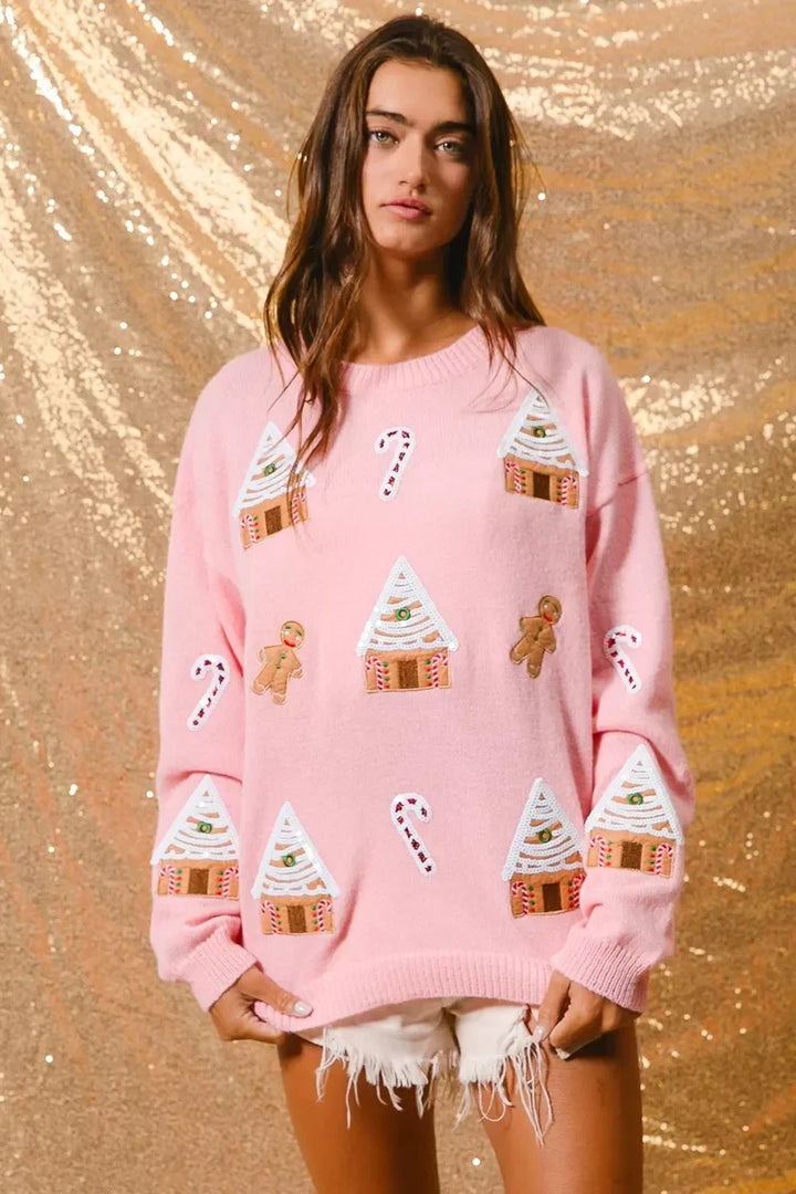 Women's Christmas Jumper with Gingerbread House | Crew Neck