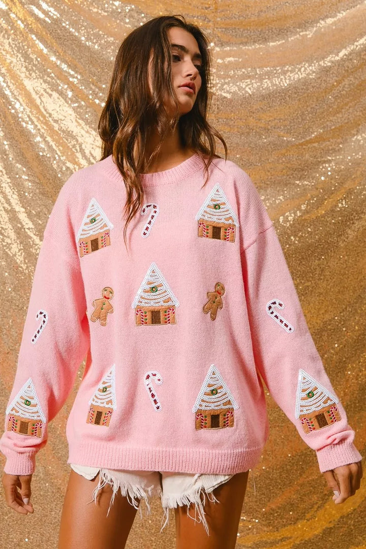 Women's Christmas Jumper with Gingerbread House | Crew Neck