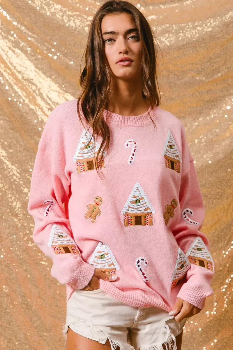 Women's Christmas Jumper with Gingerbread House | Crew Neck