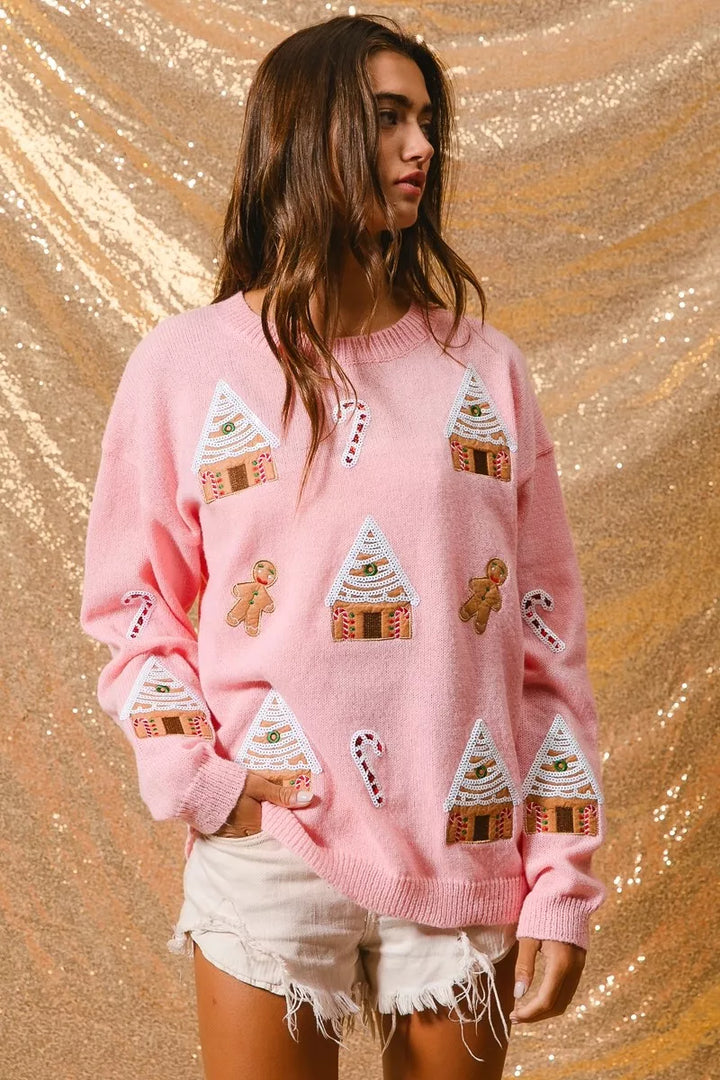 Women's Christmas Jumper with Gingerbread House | Crew Neck