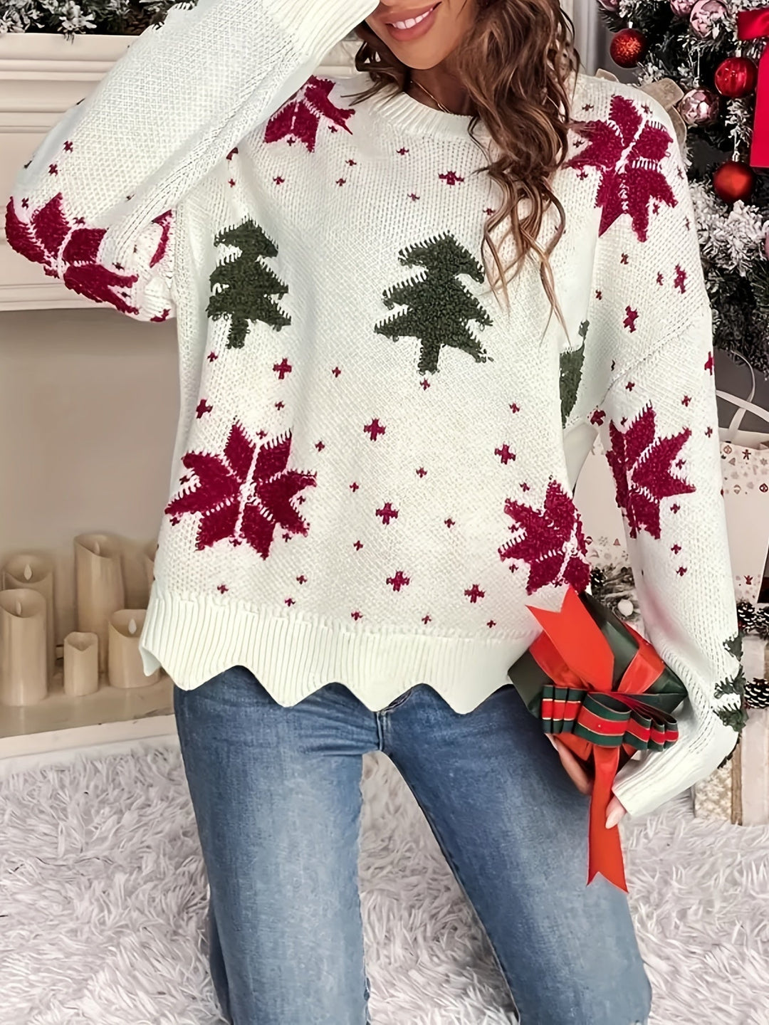 Women's Christmas Jumper with Tree & Snowflake | Zigzag Hem