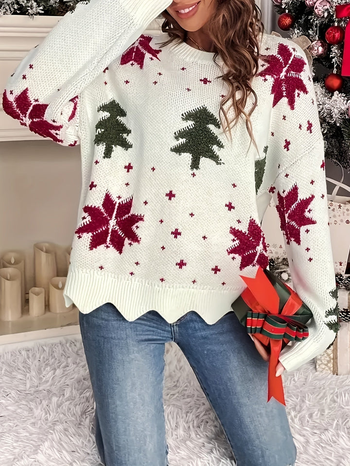 Women's Christmas Jumper with Tree & Snowflake | Zigzag Hem