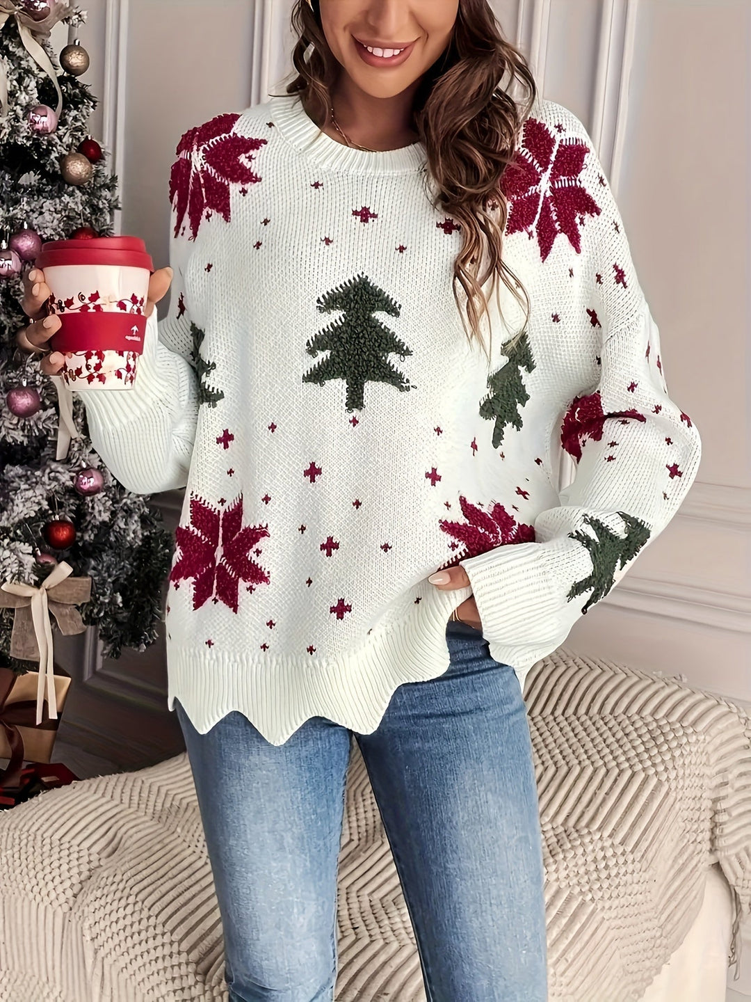 Women's Christmas Jumper with Tree & Snowflake | Zigzag Hem