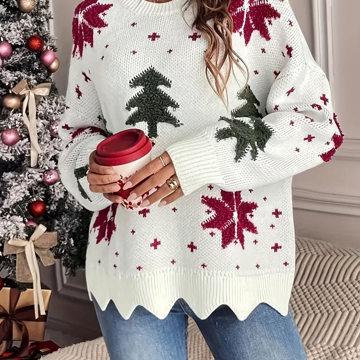 Women's Christmas Jumper with Tree & Snowflake | Zigzag Hem