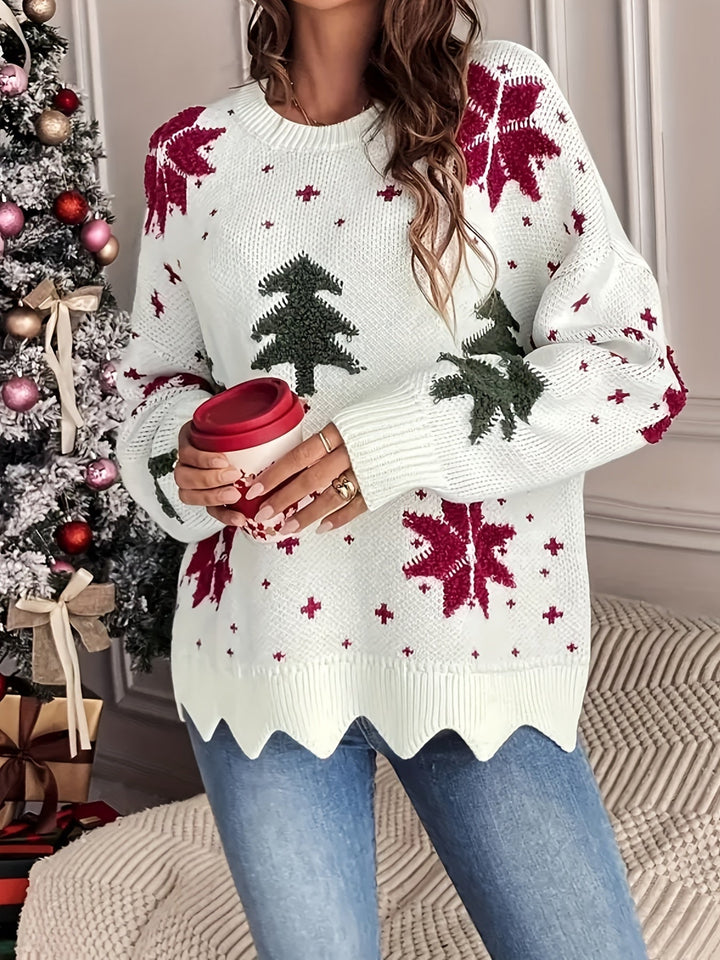 Women's Christmas Jumper with Tree & Snowflake | Zigzag Hem