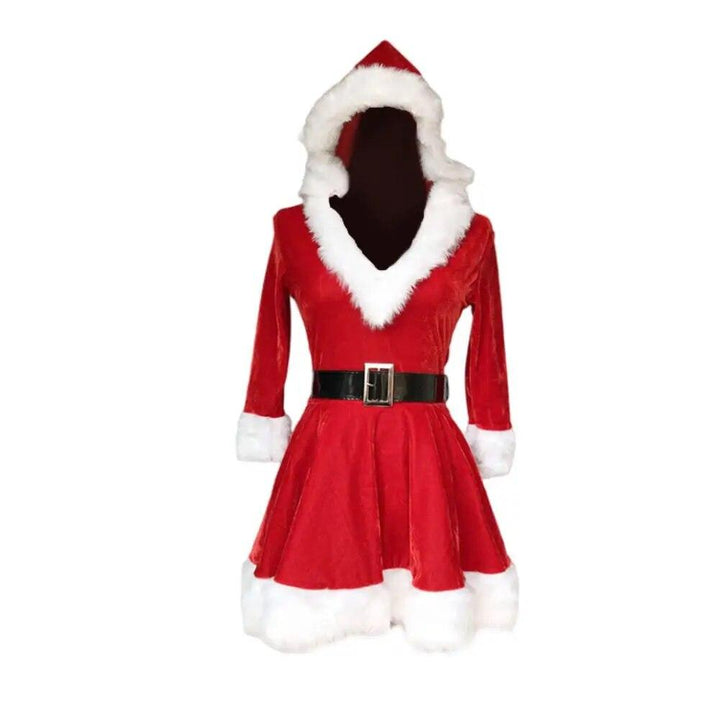 Women’s Christmas Outfit Dress Hooded | V-Neck Fluffy Trim