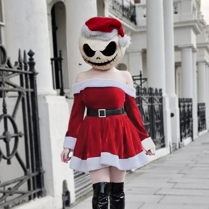 Women’s Christmas Outfit Dress with Fluffy Trim | Off-Shoulder