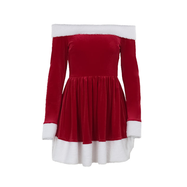 Women’s Christmas Outfit Dress with Fluffy Trim | Off-Shoulder