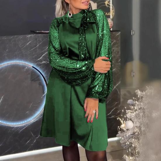 Women’s Christmas Outfit Dress with Sequin Sleeves | Tie Neck