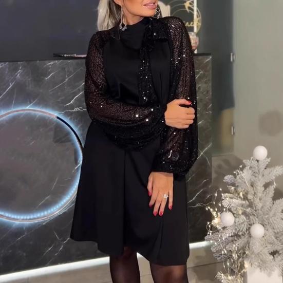 Women’s Christmas Outfit Dress with Sequin Sleeves | Tie Neck