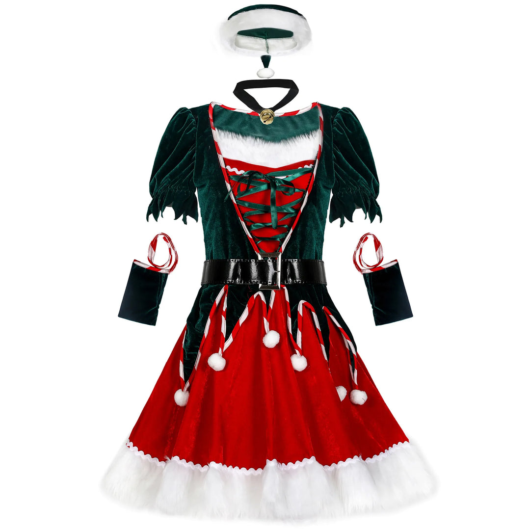 Women’s Christmas Outfit Elf Dress Set | Pom Pom Fluffy Hem