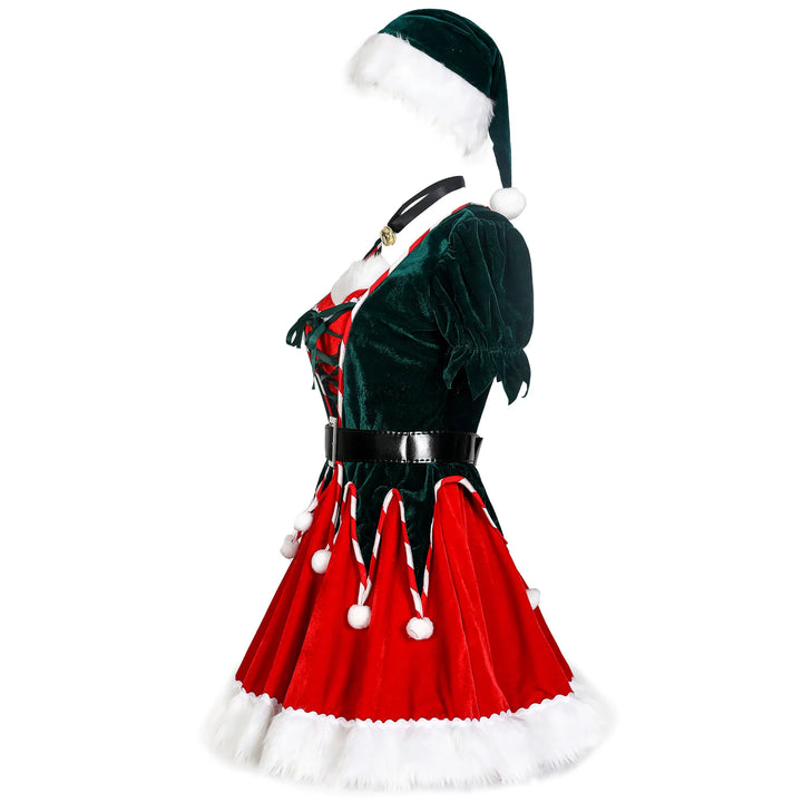 Women’s Christmas Outfit Elf Dress Set | Pom Pom Fluffy Hem