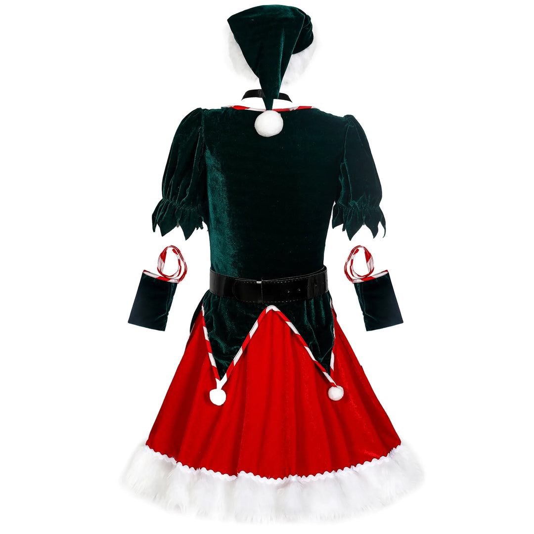 Women’s Christmas Outfit Elf Dress Set | Pom Pom Fluffy Hem