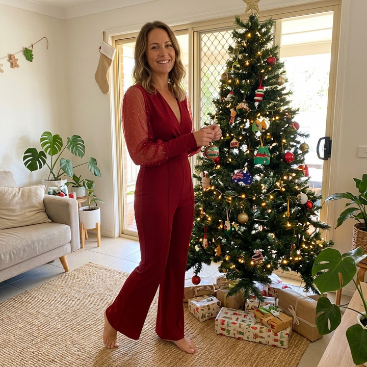 Women’s Christmas Outfit Jumpsuit with Sheer Sleeves | V-Neck