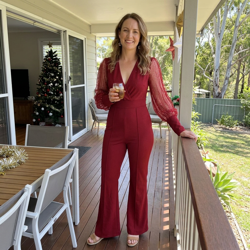 Women’s Christmas Outfit Jumpsuit with Sheer Sleeves | V-Neck
