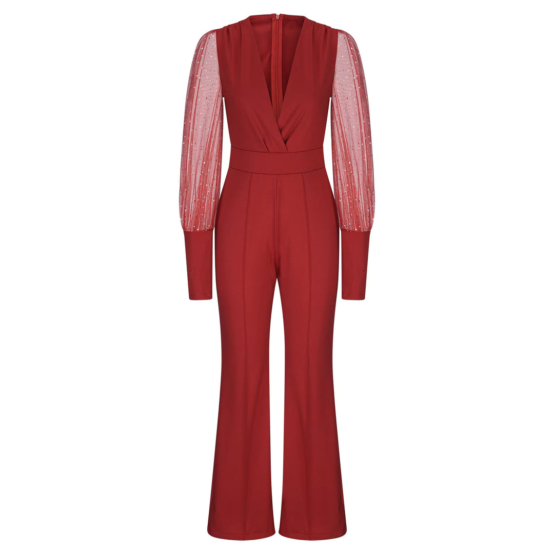 Women’s Christmas Outfit Jumpsuit with Sheer Sleeves | V-Neck