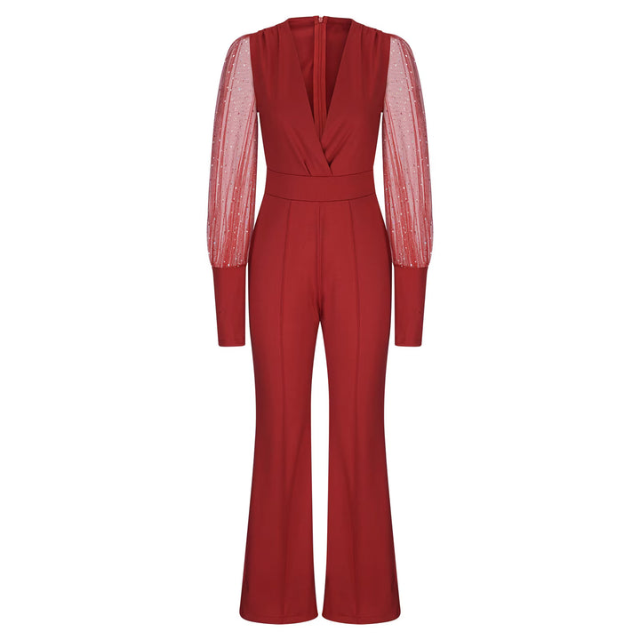Women’s Christmas Outfit Jumpsuit with Sheer Sleeves | V-Neck