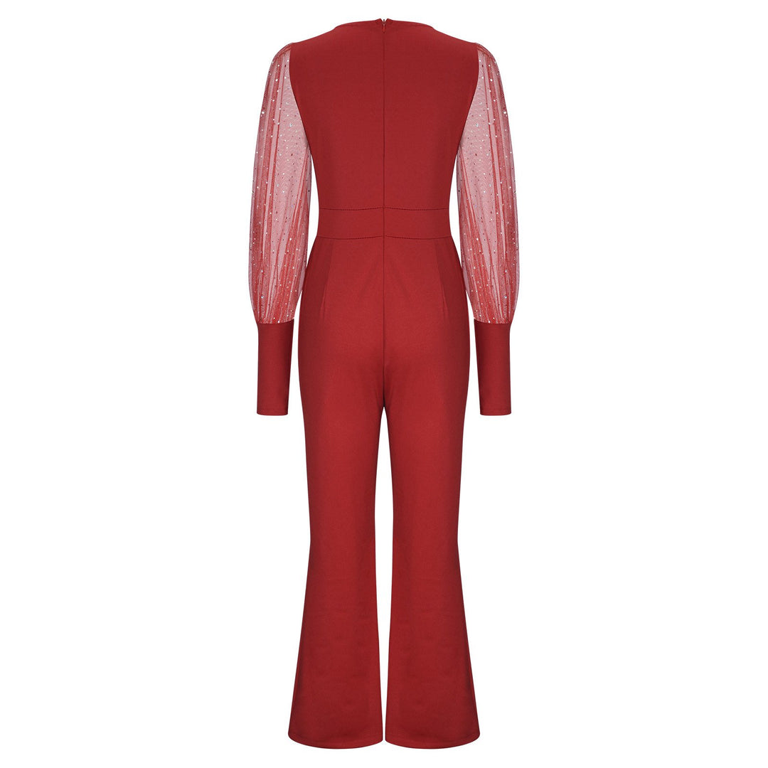 Women’s Christmas Outfit Jumpsuit with Sheer Sleeves | V-Neck