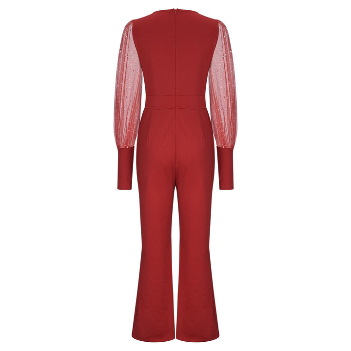 Women’s Christmas Outfit Jumpsuit with Sheer Sleeves | V-Neck