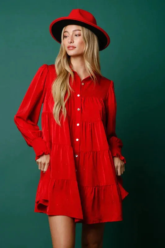 Women’s Christmas Outfit Tiered Mini Shirt Dress | Button-Up