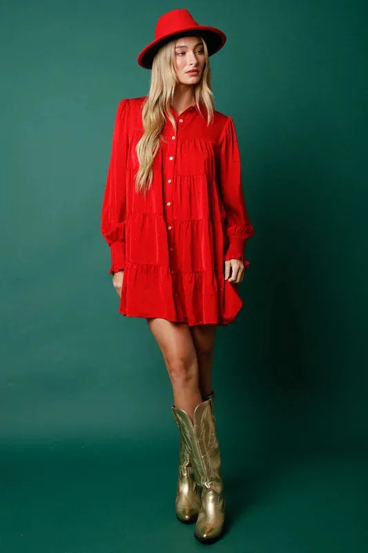 Women’s Christmas Outfit Tiered Mini Shirt Dress | Button-Up
