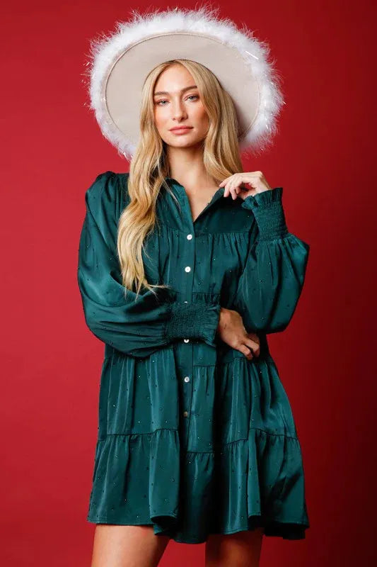 Women’s Christmas Outfit Tiered Mini Shirt Dress | Button-Up
