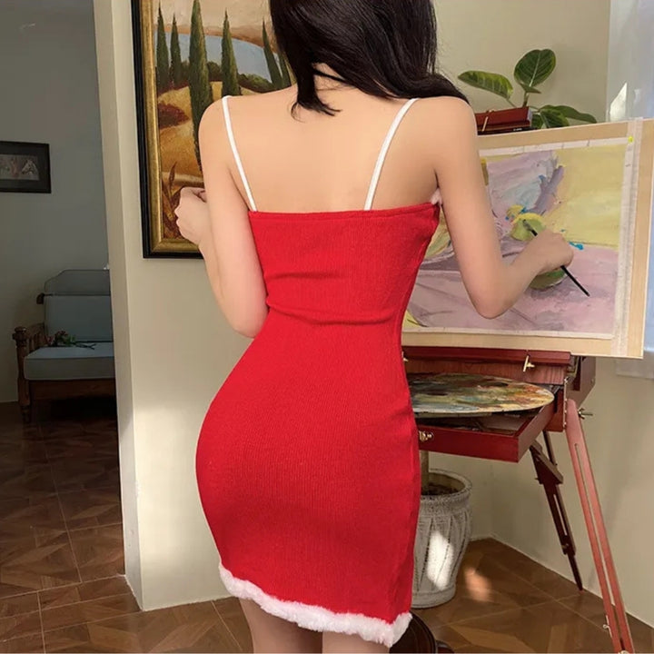 Women’s Christmas Party Dress Cami Mini with Slit | Fluffy Trim
