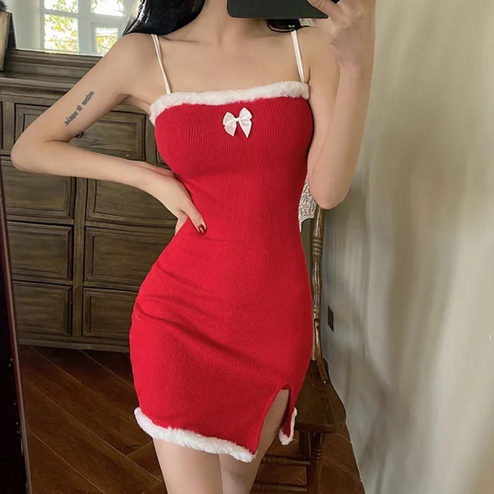 Women’s Christmas Party Dress Cami Mini with Slit | Fluffy Trim
