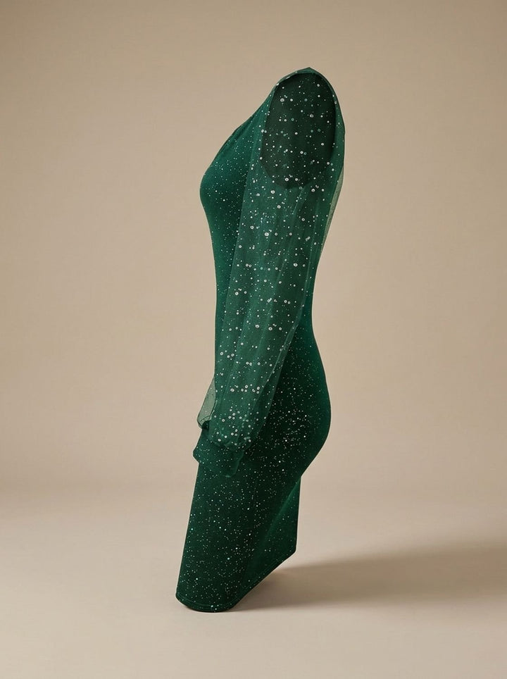 Women’s Christmas Party Dress Glitter Bodycon | Sheer Sleeves