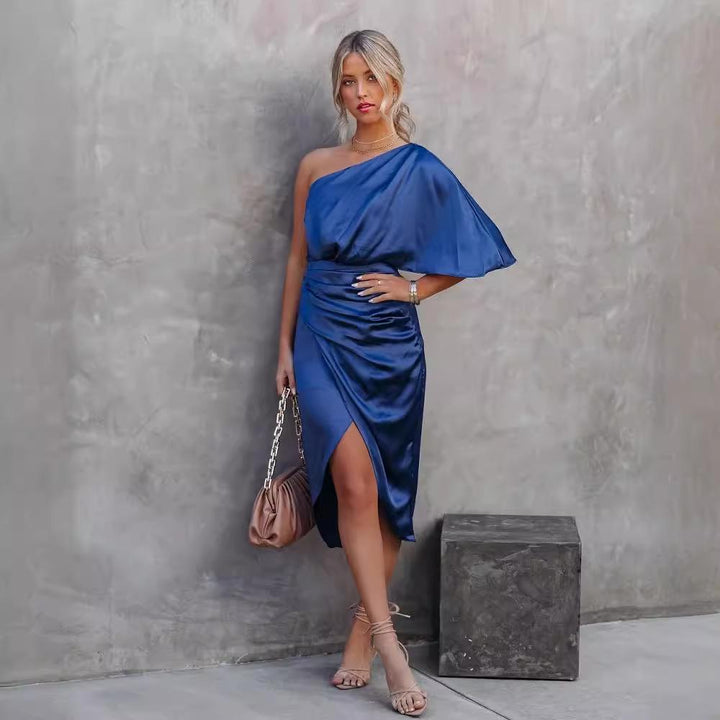 Women’s Christmas Party Dress One Shoulder Ruched | Slit Hem