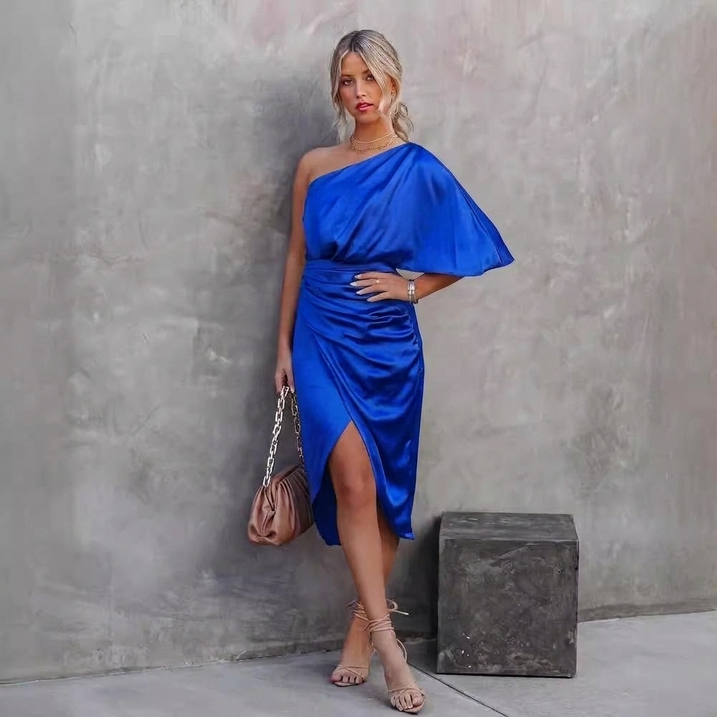 Women’s Christmas Party Dress One Shoulder Ruched | Slit Hem
