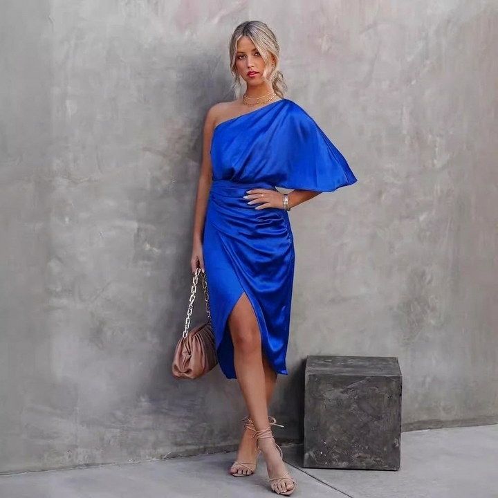 Women’s Christmas Party Dress One Shoulder Ruched | Slit Hem