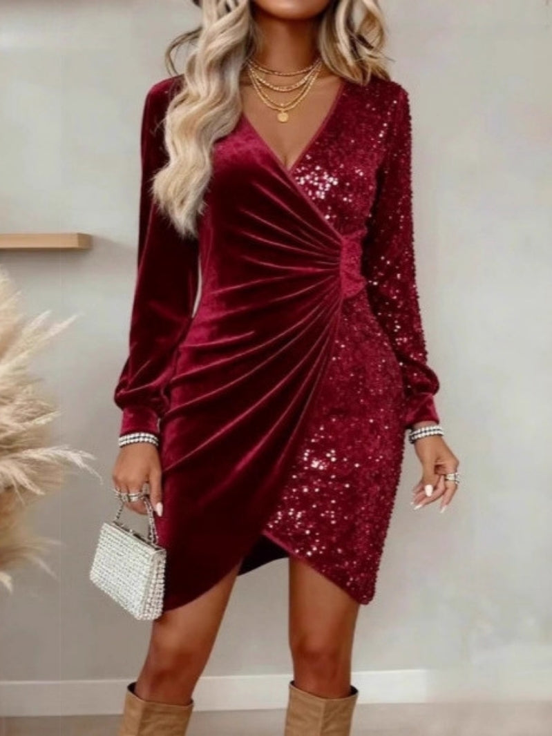 Women’s Christmas Party Dress Sequin Wrap Mini | Long Sleeve
