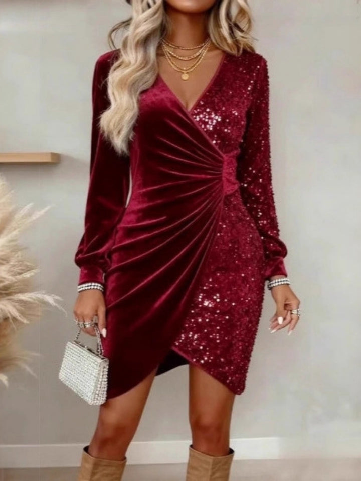 Women’s Christmas Party Dress Sequin Wrap Mini | Long Sleeve