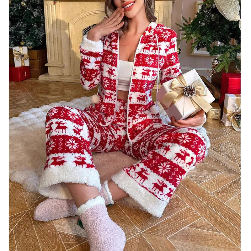 Women’s Christmas Pyjamas Hooded Reindeer Set | Fluffy Trim