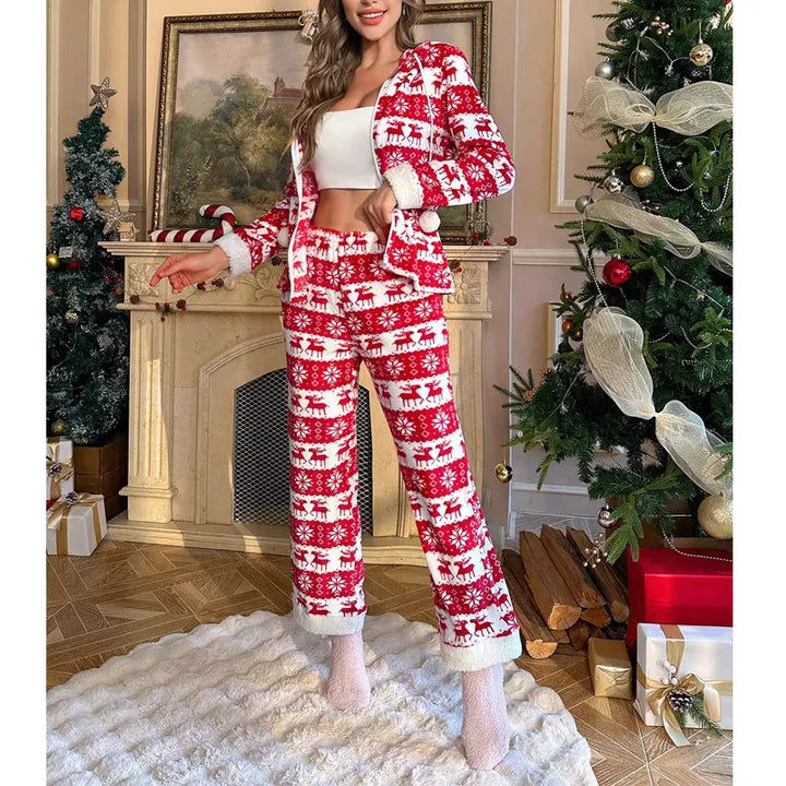 Women’s Christmas Pyjamas Hooded Reindeer Set | Fluffy Trim