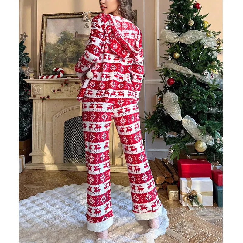 Women’s Christmas Pyjamas Hooded Reindeer Set | Fluffy Trim