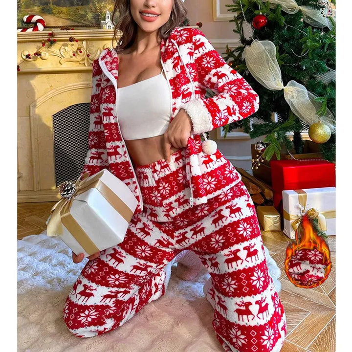 Women’s Christmas Pyjamas Hooded Reindeer Set | Fluffy Trim