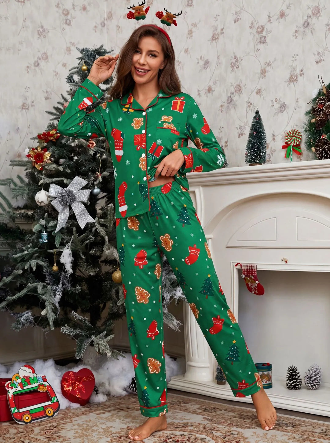 Women’s Christmas Pyjamas Long Sleeve Pants Set | Festive Print